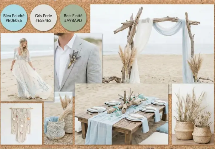 Inspiration mariage hippie sur la plage : robe bohème, costume gris, arche de bois flotté, table dressée, macramé et herbes de pampa.