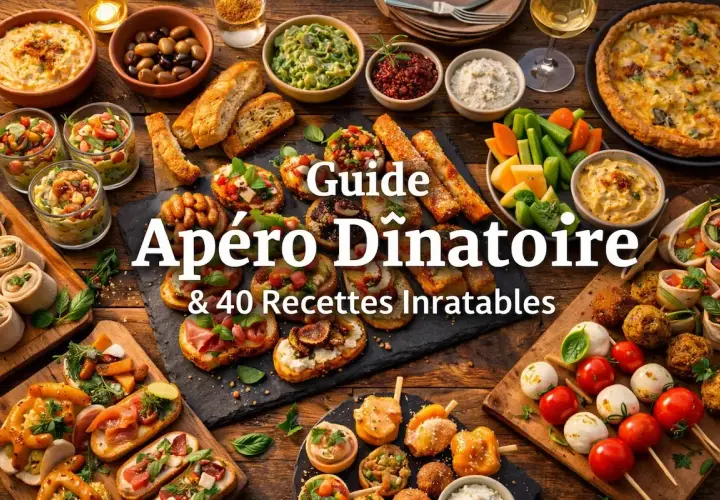 Un festin pour un apéritif dinatoire pour 8 personnes : tartes, brochettes, verrines, bruschettas et dips variés.