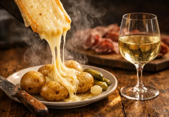 Raclette fondant sur des pommes de terre, accompagné d'un verre de Bourgogne Aligoté. Un délice réconfortant.