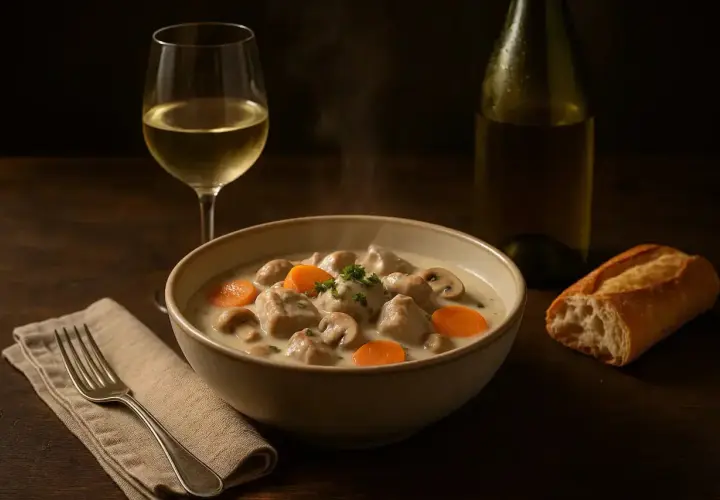 Blanquette de veau crémeuse avec carottes et champignons, accompagnée d'un verre de vin d'Alsace. Quel vin d'Alsace avec une blanquette de veau ? Un Riesling sec serait parfait.