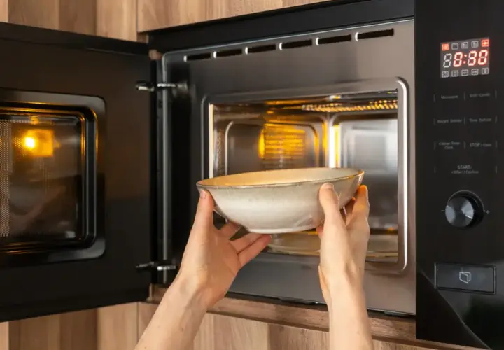 Une personne place une assiette dans un micro-ondes. La question "peut on mettre une assiette au micro-onde" est pertinente ici.