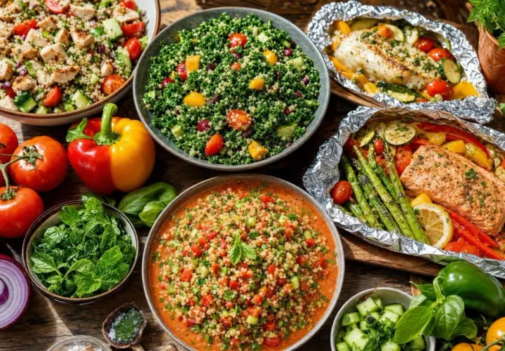 Un festin coloré pour le repas du week-end : salades de quinoa, poisson et saumon en papillote avec légumes croquants.