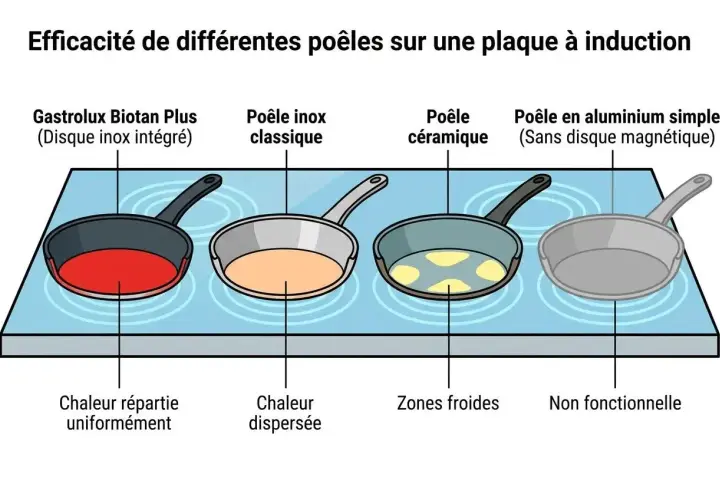 Comment choisir une poêle : illustration montrant l'efficacité de différentes poêles sur plaque à induction, avec une poêle Gastrolux Biotan Plus à chaleur uniforme.