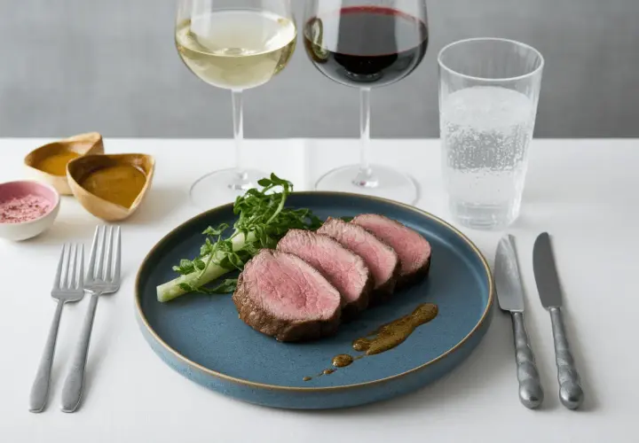 Filet mignon de porc tranché, servi avec des sauces et deux verres de vin. Quel vin avec filet mignon de porc ?