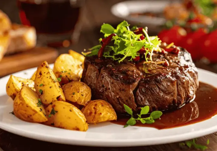 Un succulent filet mignon rosé, accompagné de pommes de terre rôties et d'une sauce riche, prêt à être dégusté.