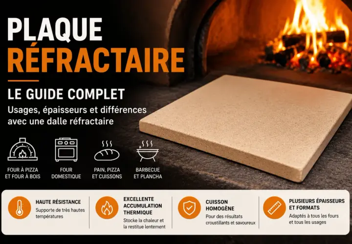 Plaque réfractaire carrée devant un four à bois en feu. Idéale pour le plat pour four à bois, elle assure une cuisson homogène.