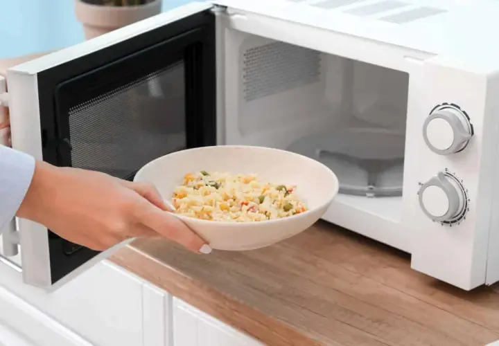 Une main place un bol de riz aux légumes dans un micro-ondes. Ce bol en mélamine est parfait pour réchauffer vos plats au micro-onde.
