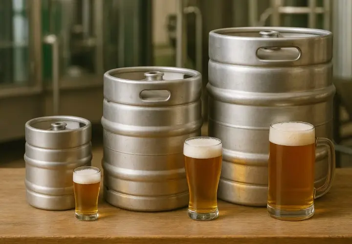 Trois fûts de bière de tailles différentes, avec trois verres de bière. Pour estimer combien de fût de bière pour 100 personnes, il faut considérer la consommation moyenne.