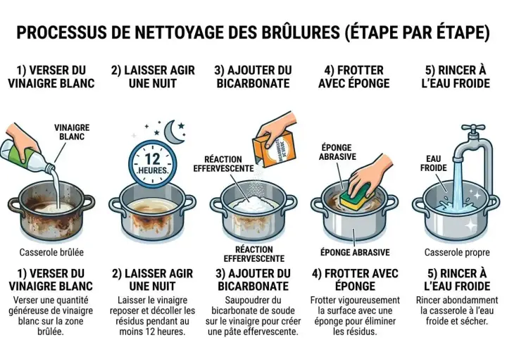 Nettoyer poêle tefal vinaigre blanc : étapes pour enlever les brûlures. Vinaigre blanc, laisser agir, bicarbonate, frotter, rincer.