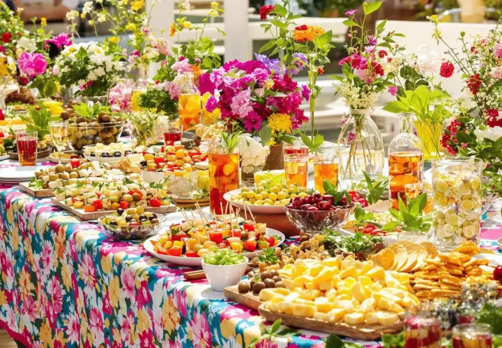 Un buffet coloré avec des brochettes, des fromages, des olives et des fruits, parfait pour une idée repas soirée entre jeunes.