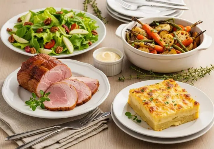 Un rôti de porc froid tranché, servi avec une salade verte croquante, des légumes rôtis et un gratin dauphinois. Parfait pour accompagner un rôti de porc froid.