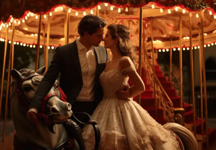 Un couple s'embrasse sur un manège de cirque illuminé, une scène romantique pour un mariage de rêve.