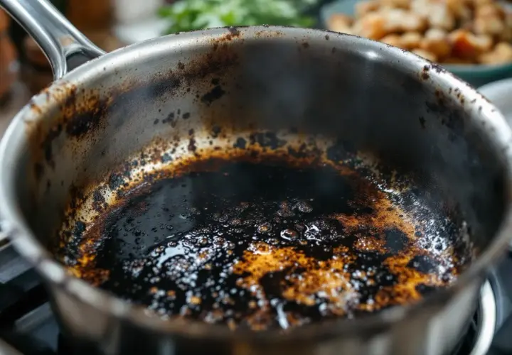 Fond de cocotte minute brûlée, témoin d'une recette qui a mal tourné. Les résidus noirs et caramélisés racontent une histoire de surchauffe.