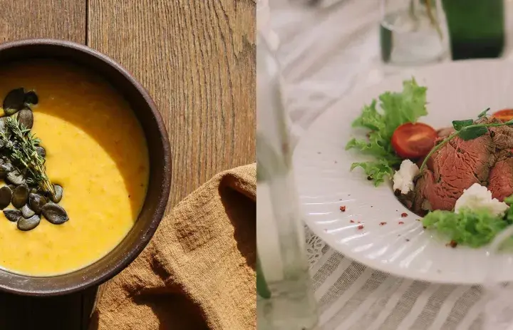 Velouté de potimarron et sa garniture de graines, et une assiette de rôti froid avec salade et tomates, parfaits pour une entrée chaude mariage.