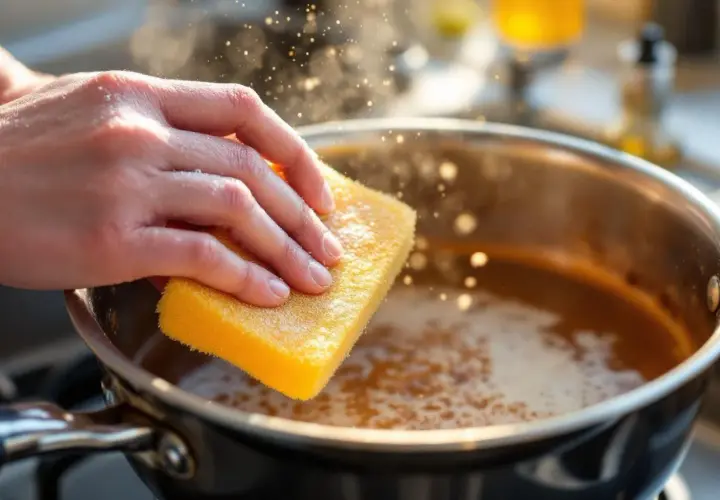 Main tenant une éponge jaune pour nettoyer une casserole avec du caramel collé. Astuce pour savoir comment enlever le caramel d'une casserole.