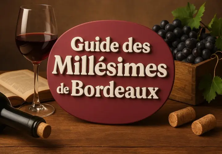 Guide des Millésimes de Bordeaux : un verre de vin rouge, une bouteille, un livre ouvert, des raisins noirs et des bouchons sur une table en bois.
