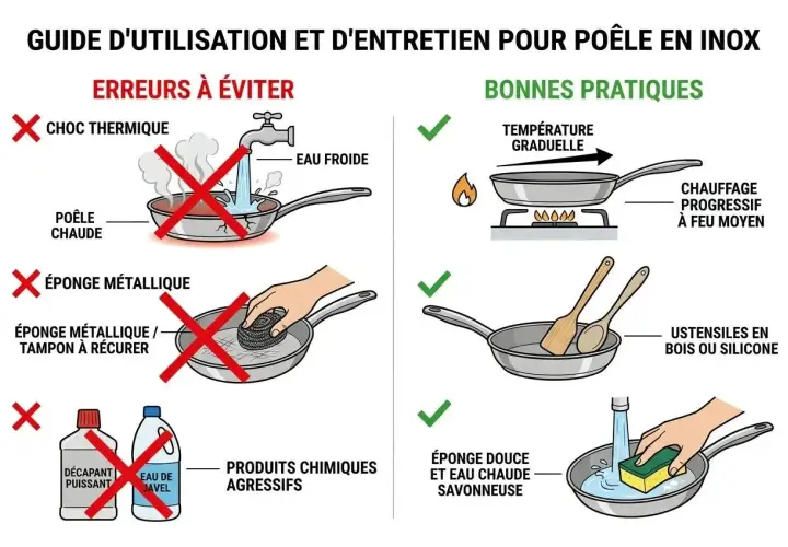 Guide pour faire briller inox : éviter chocs thermiques, éponges métalliques et produits agressifs. Privilégier chauffe progressive, ustensiles en bois/silicone et nettoyage doux.