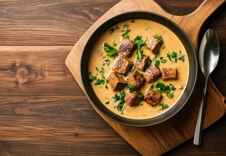 Un plat réconfortant de vin avec tête de veau, garni de persil frais, servi dans un bol sur une planche en bois.
