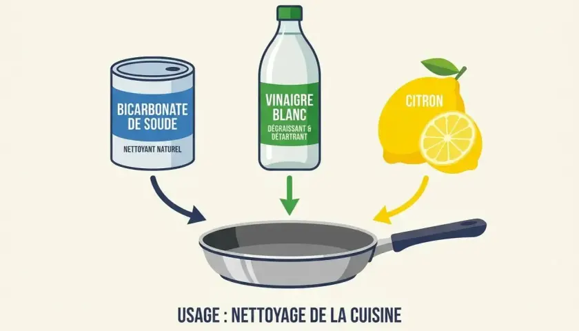 Utilisez bicarbonate de soude, vinaigre blanc et citron pour dégraisser une poêle. Nettoyage de cuisine facile et naturel.