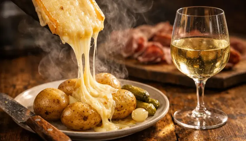 Raclette fondant sur des pommes de terre, accompagné d'un verre de Bourgogne Aligoté. Un délice réconfortant.