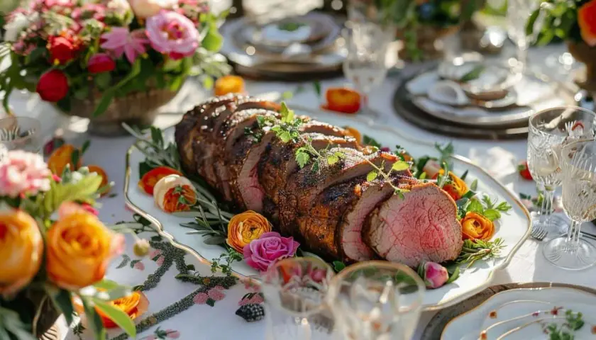 Un rôti de bœuf tranché, garni d'herbes, sur un plat élégant, entouré de fleurs colorées. Une belle idée menu de mariage chic pour un repas festif.