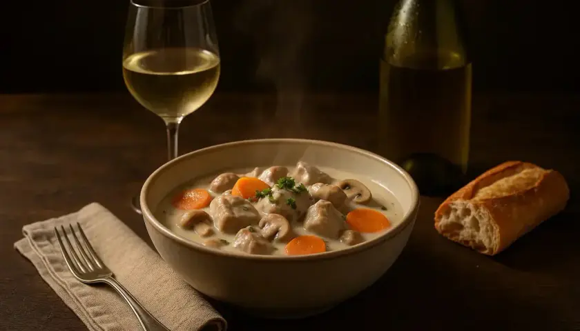 Blanquette de veau crémeuse avec carottes et champignons, accompagnée d'un verre de vin d'Alsace. Quel vin d'Alsace avec une blanquette de veau ? Un Riesling sec serait parfait.