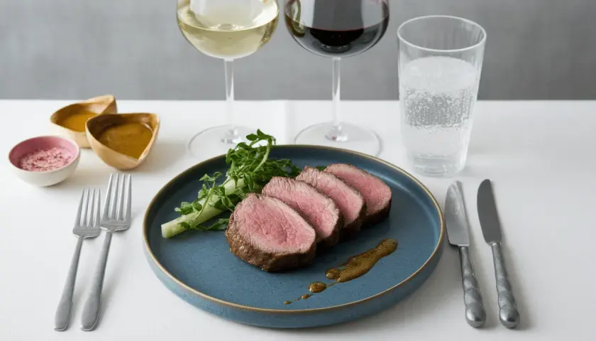 Filet mignon de porc tranché, servi avec des sauces et deux verres de vin. Quel vin avec filet mignon de porc ?