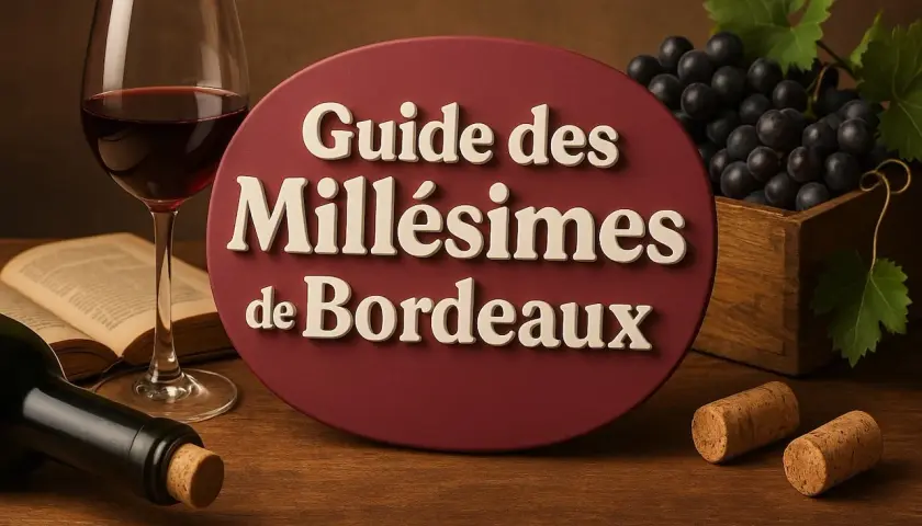 Guide des Millésimes de Bordeaux : un verre de vin rouge, une bouteille, un livre ouvert, des raisins noirs et des bouchons sur une table en bois.