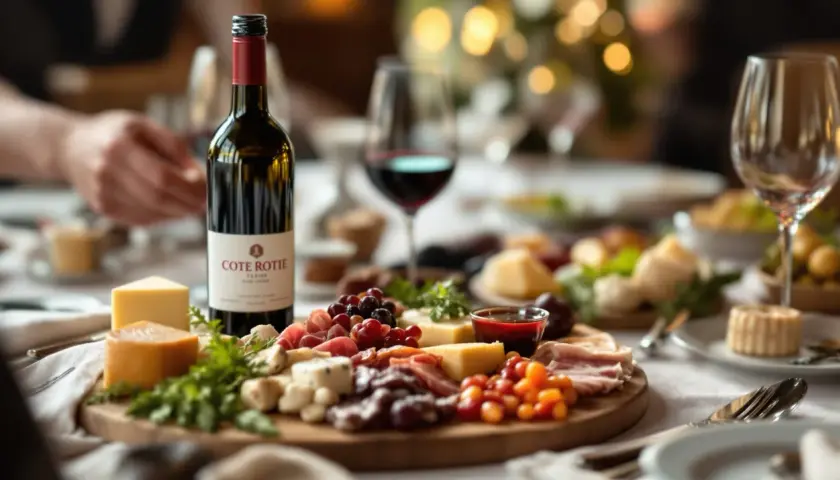 Bouteille de vin rouge Côte Rôtie, parfaite pour accompagner un buffet froid de fromages et charcuteries.