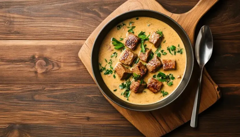 Un plat réconfortant de vin avec tête de veau, garni de persil frais, servi dans un bol sur une planche en bois.