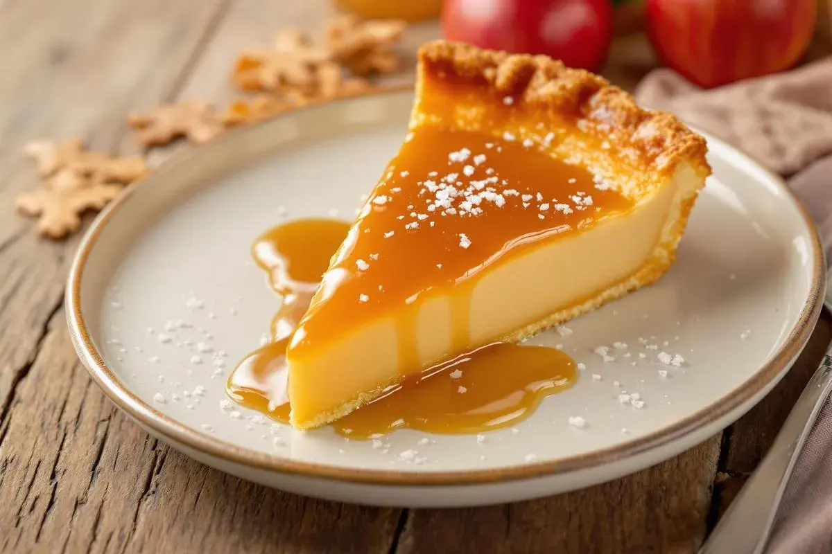Tranche de tarte crémeuse nappée d'une sauce onctueuse pour rattraper le caramel brûlé. Saupoudrée de sel fin.