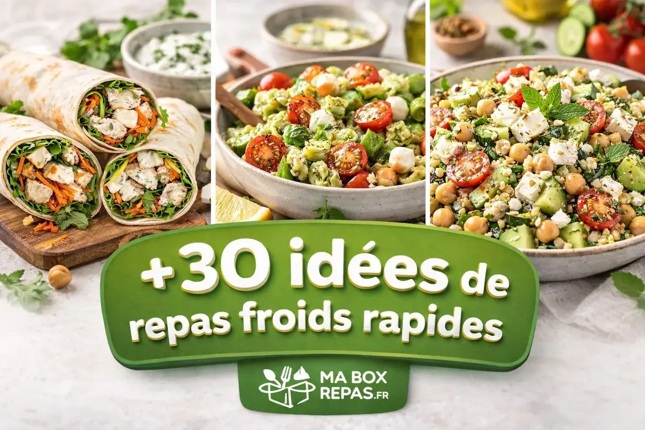 Wraps au poulet, salade de pâtes au pesto et salade de pois chiches : un aperçu de notre **salade buffet froid** pour des repas rapides et savoureux.