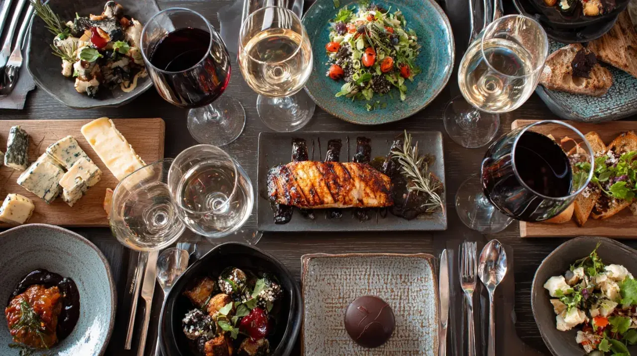 Un verre de pinot noir avec un plat de poisson grillé, accompagné de salades, fromages et desserts.