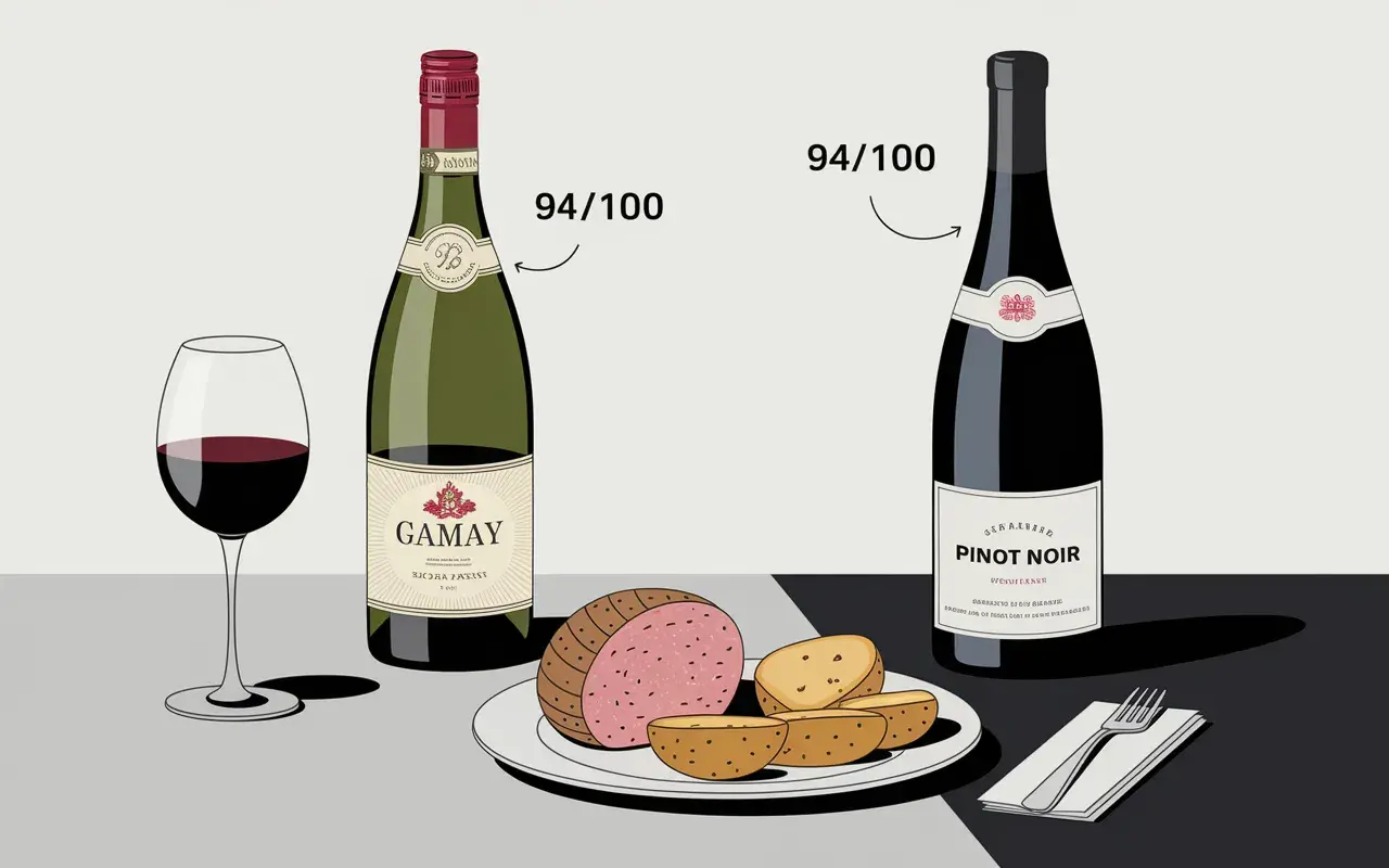 Quel vin avec du boudin blanc ? Un Gamay 94/100 ou un Pinot Noir 94/100, accompagnés de pommes de terre.