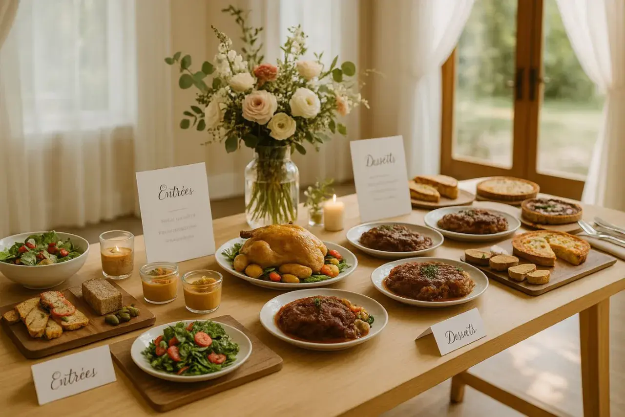 Table dressée avec un menu de mariage d'été : poulet rôti, salades, tartes et entrées.