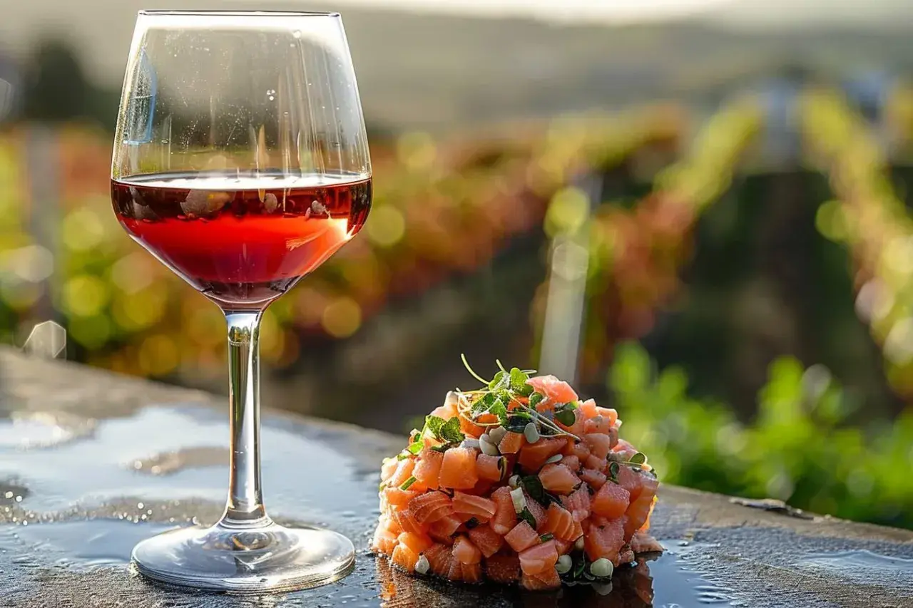 Un verre de vin rouge près d'un tartare de saumon, avec des vignes en arrière-plan. Quel vin rouge avec du saumon ? Une belle association.