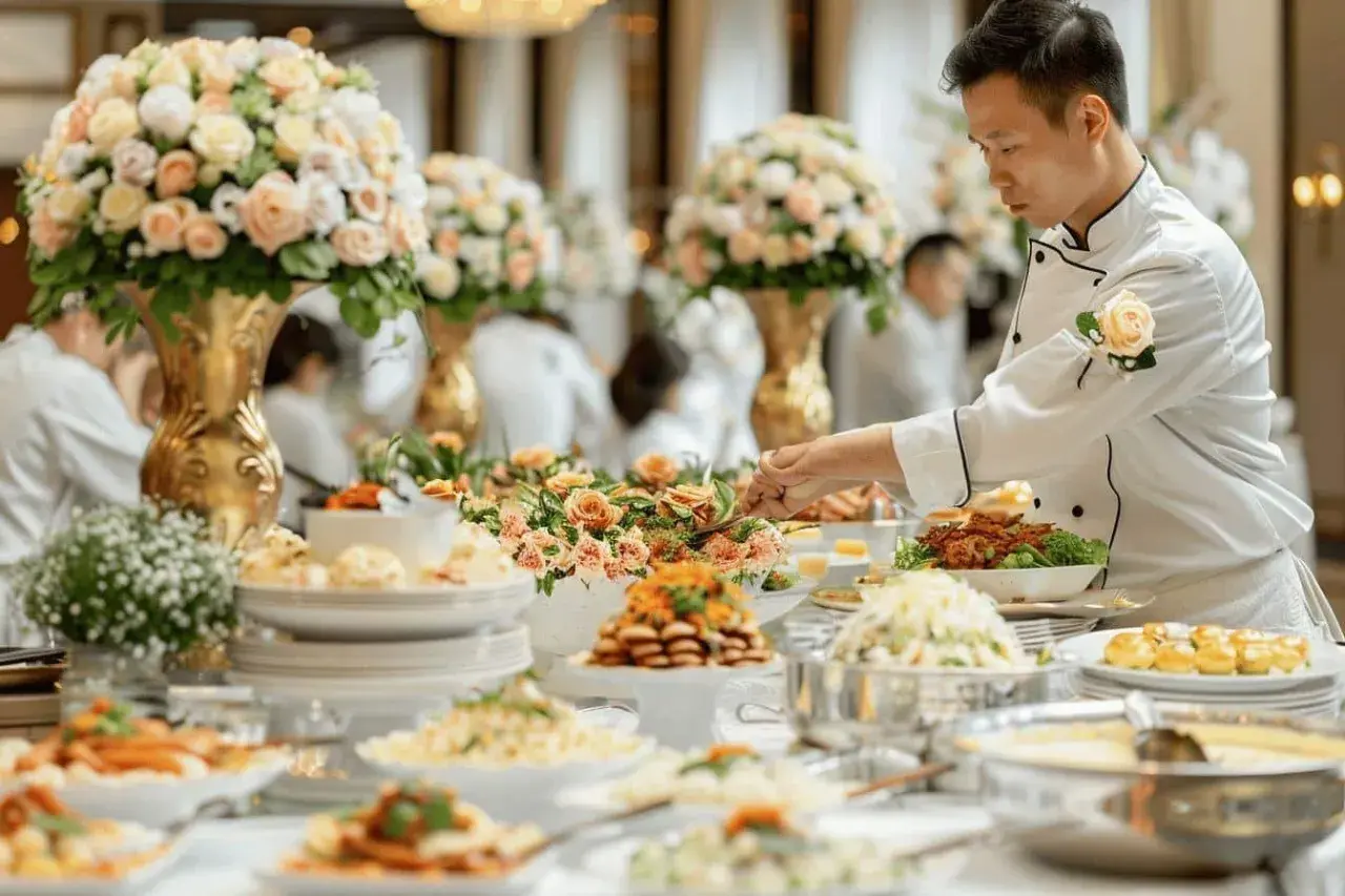 Un chef prépare un buffet somptueux pour un mariage de 80 personnes. Le budget traiteur mariage 80 personnes est respecté avec ces mets délicats.