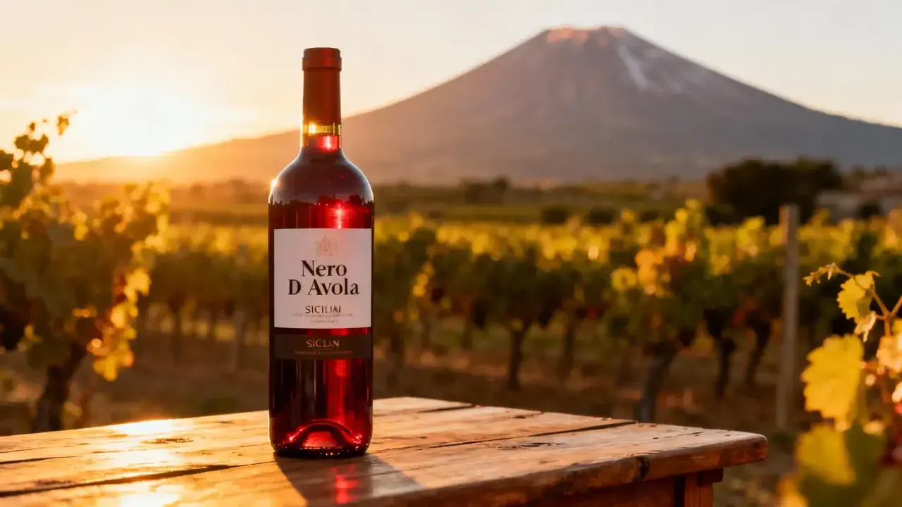 Bouteille de Nero D'Avola sur une table en bois, avec des vignobles et un volcan en arrière-plan, évoquant les riches terre siciliane.