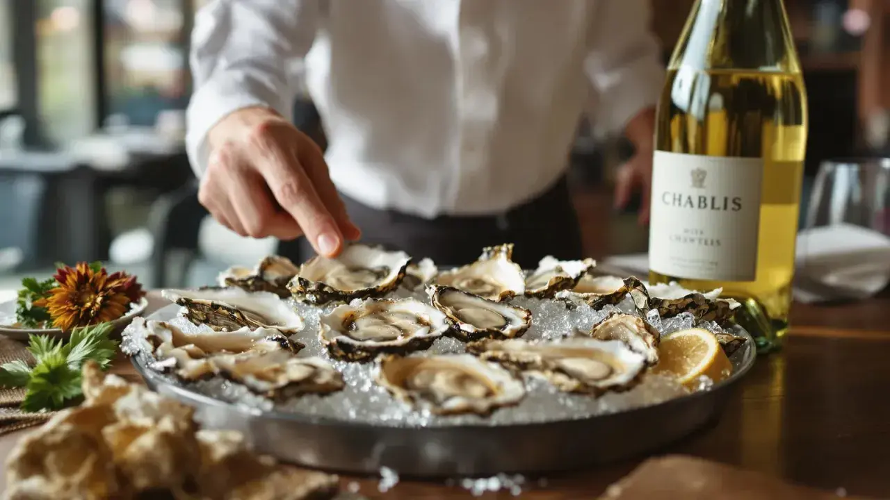 Un Chablis, le vin blanc parfait avec les huîtres de Marennes. Un serveur arrange un plateau d'huîtres fraîches sur de la glace, prêt à être dégusté.