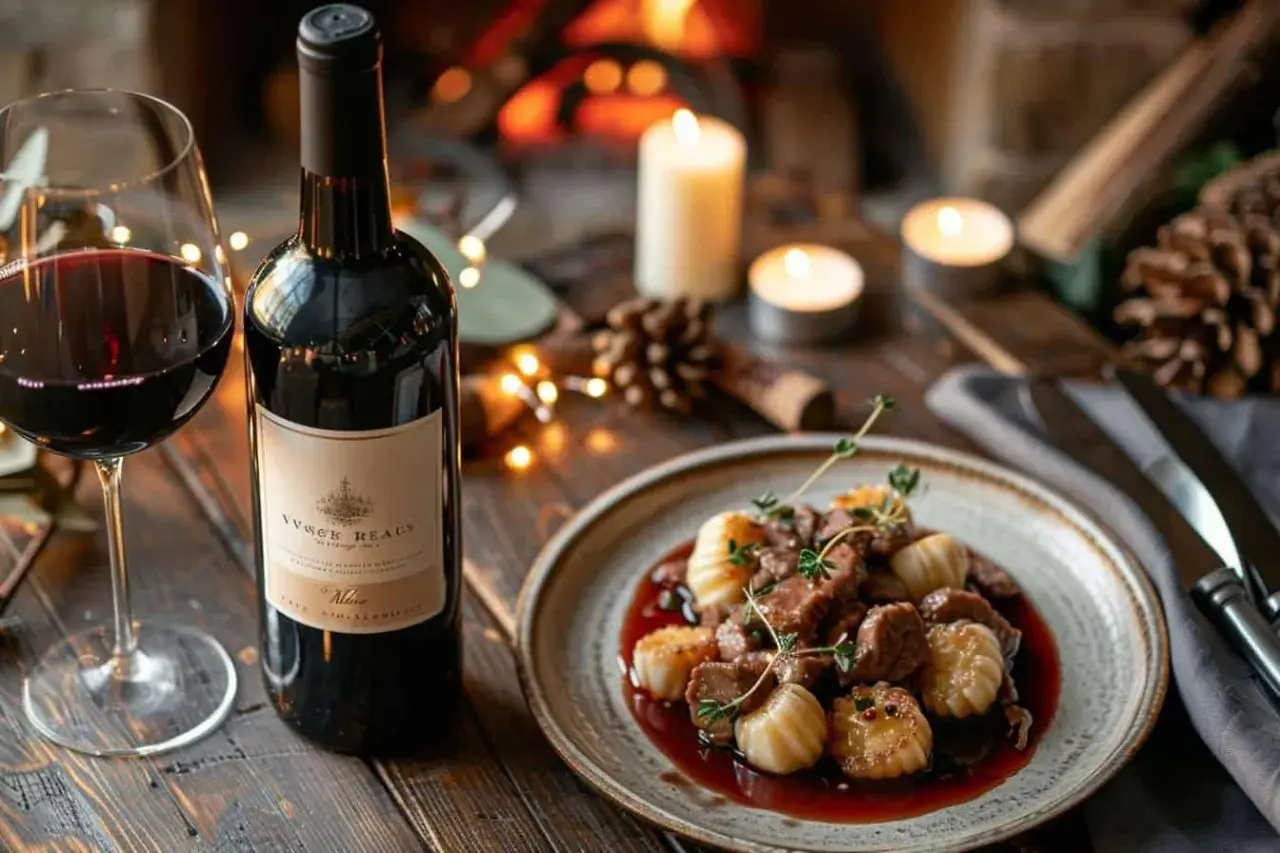 Un verre de vin rouge et une assiette de vin avec ris de veau, décorés de bougies et d'une cheminée en arrière-plan.