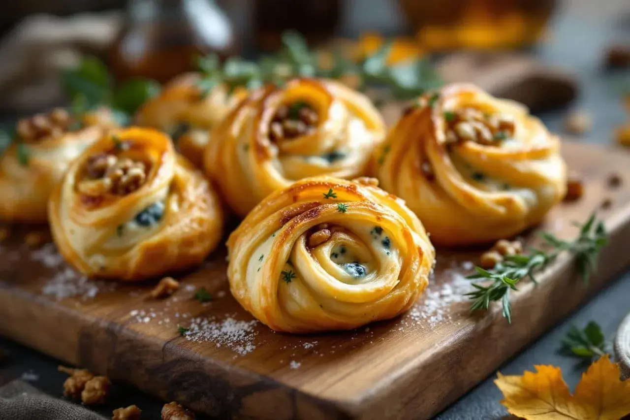 Petits fours salés en pâte feuilletée, garnis de fromage bleu et de noix, disposés sur une planche en bois.
