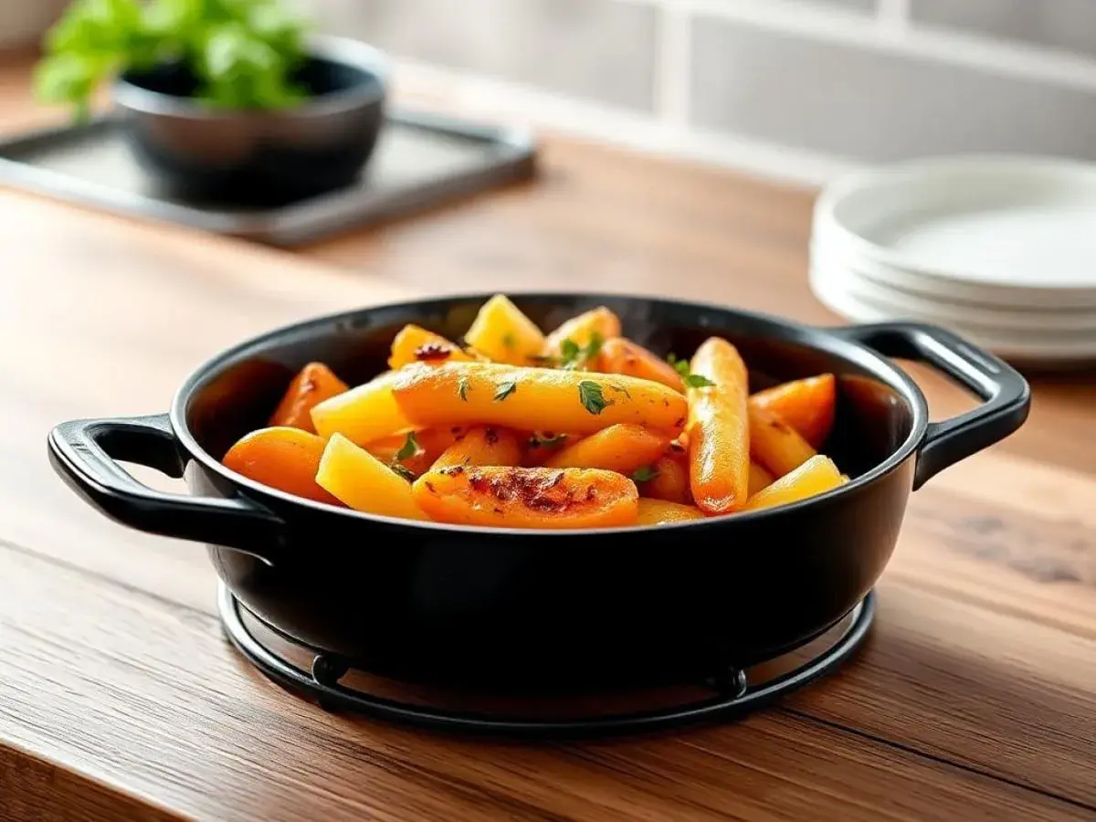 Carottes rôties dans un plat noir, parfait pour savoir si peut on mettre une assiette au four. Délicieux et appétissant.