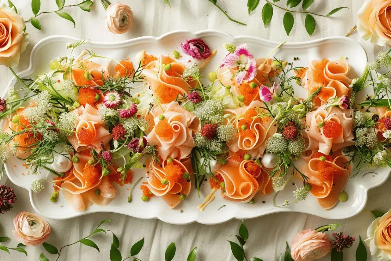 Plateau d'idée entrée froide mariage : fines tranches de poisson roulées, parsemées de perles d'orange et de fleurs comestibles, décoré de verdure.