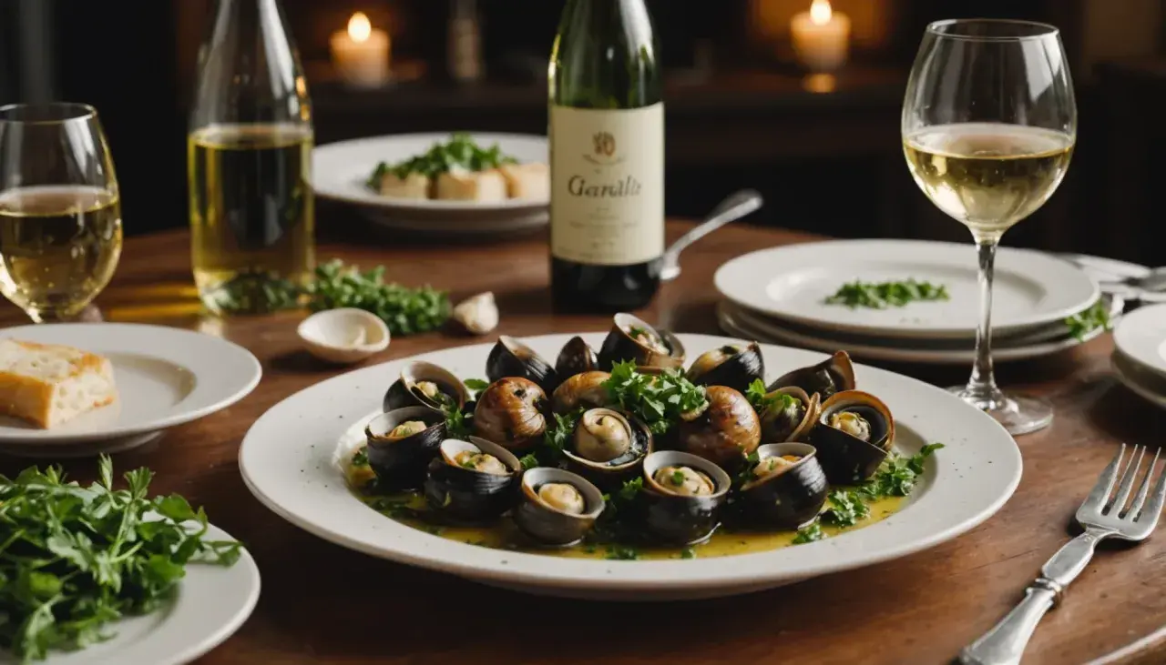 Un plat d'escargots à l'ail et persil, accompagné de pain et d'un verre de vin blanc. La question est : quel vin avec les escargots ?