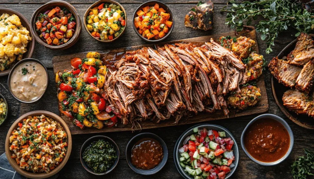 Un festin de porc effiloché, servi avec des salades colorées, des sauces et des accompagnements. Parfait pour un repas convivial.
