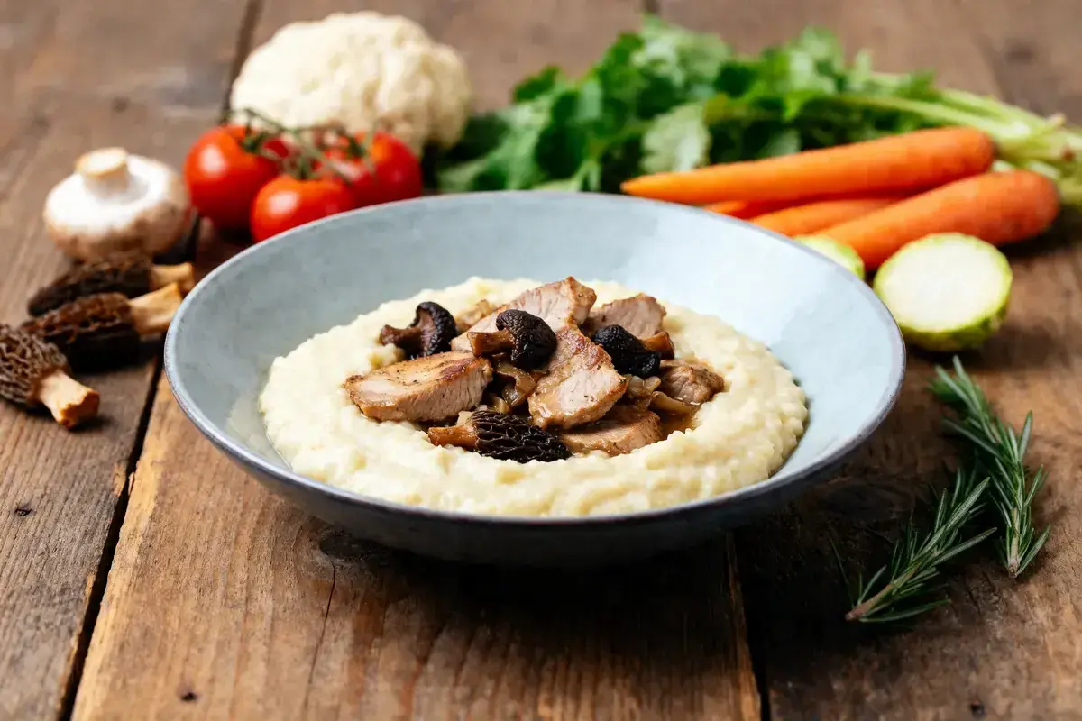 Ris de veau aux morilles sur une purée crémeuse. Quel accompagnement parfait pour ce plat ! Des légumes frais en arrière-plan.
