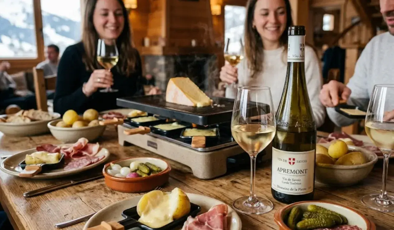 Un groupe d'amis savoure une raclette conviviale, accompagnée de pommes de terre, charcuterie et cornichons. Une bouteille de vin blanc de Savoie, parfait pour accompagner ce plat, trône sur la table en bois.