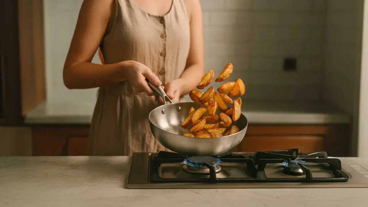 Une personne fait sauter des pommes de terre dans un poêle en inox sur le feu. Attention, le poêle en inox peut être dangereux s'il est mal utilisé.