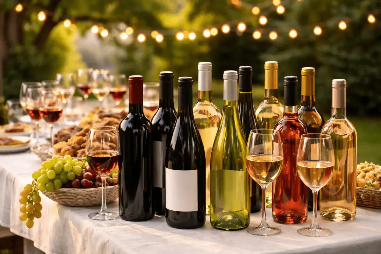 Une belle table dressée pour une fête en plein air, avec de nombreuses bouteilles de vin et des verres. Combien de bouteilles de vin pour 30 personnes ?