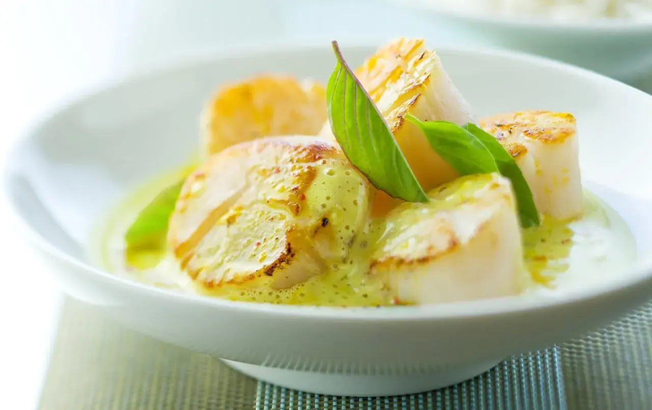 Délicieuses noix de saint-jacques poêlées, nappées d'une sauce onctueuse au curry et vin blanc, garnies de feuilles vertes.
